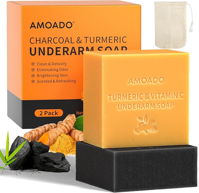 مجموعة صابون إزالة السموم من الإبط، صابون مزيل عرق لتفتيح تحت الإبط لإزالة الإبط الداكن، إزالة الرائحة، لوح كركم طبيعي مع VC، صابون الفحم مع النعناع - كيس شبكة سيسال مشمولة - Image 2